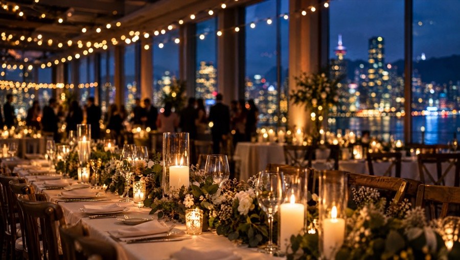 Sample photo: evening reception with candles and string lights over the city