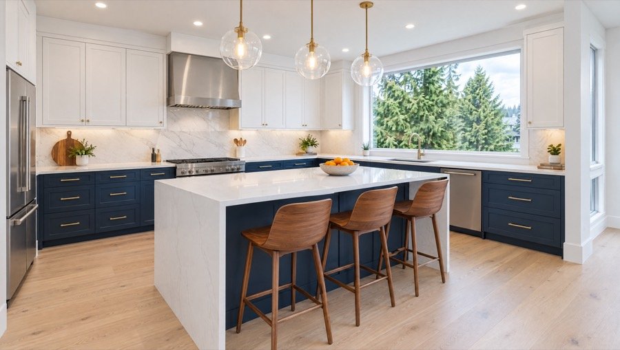 Sample photo: bright kitchen with a white waterfall island, navy cabinets and glass pendant lights