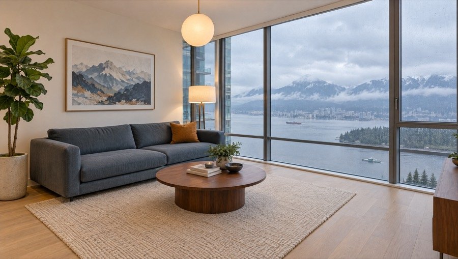 Sample photo: bright Vancouver condo living room with a rainy North Shore mountain view