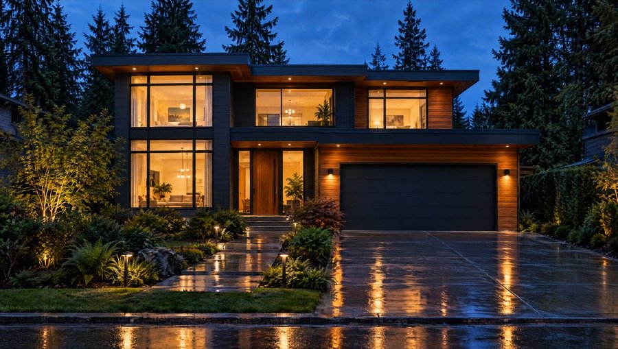 Sample photo: West Coast modern house glowing at twilight after rain